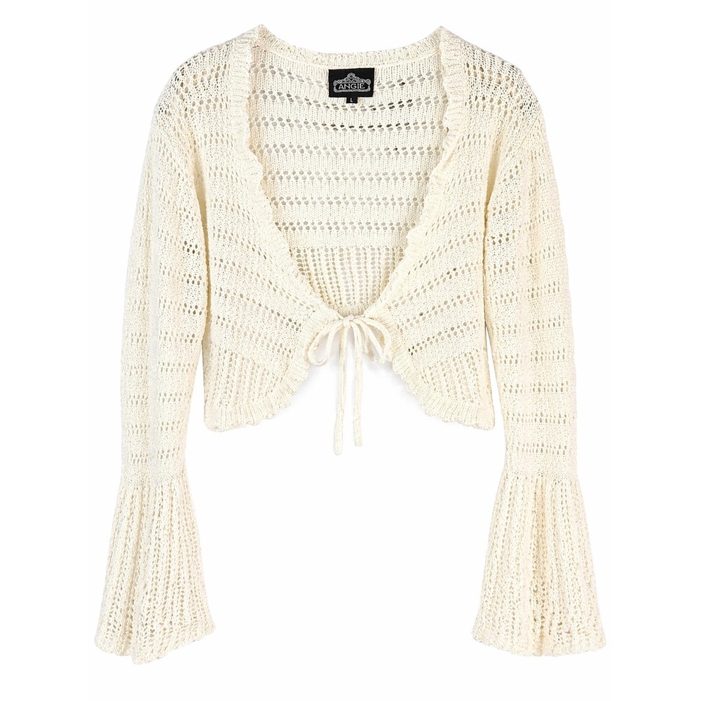 Angie Crochet Shrug Cardigan Women's Large Bell Sleeve Tie Front Boho Festival